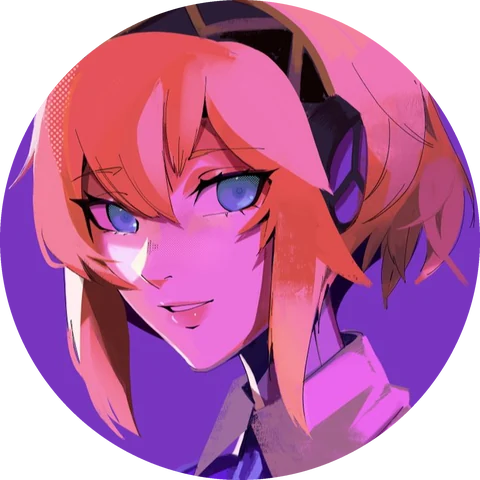 My avatar: an illustrated portrait with coral hair on a violet background