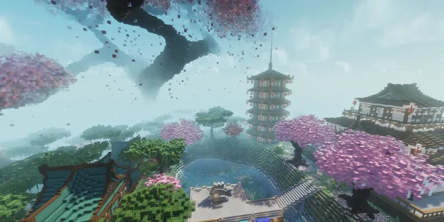 A Japanese-style Minecraft town on Cobblemon Conquest: a giant cherry blossom tree over a pagoda, temples and a lake