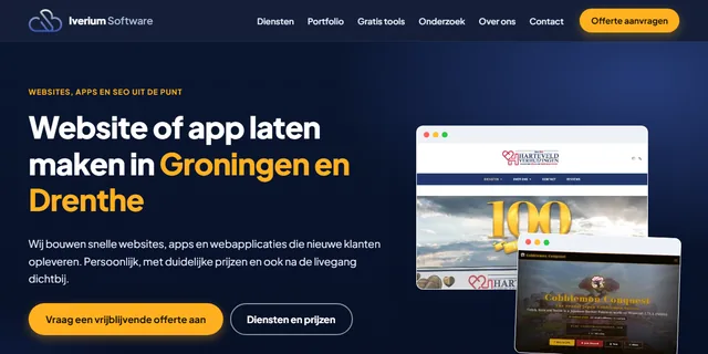 The iverium.nl homepage: "Website of app laten maken in Groningen en Drenthe", next to two client sites shown in browser frames